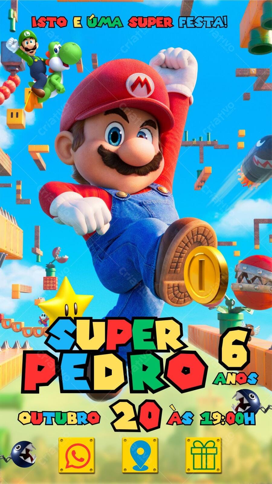 Convite de Aniversário Super Mario personalizado Editável no Canva