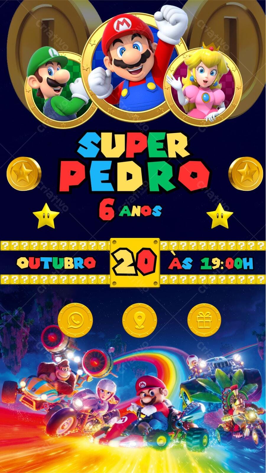 Convite Festa Mario Kart Super Pedro 6 anos Editável no Canva