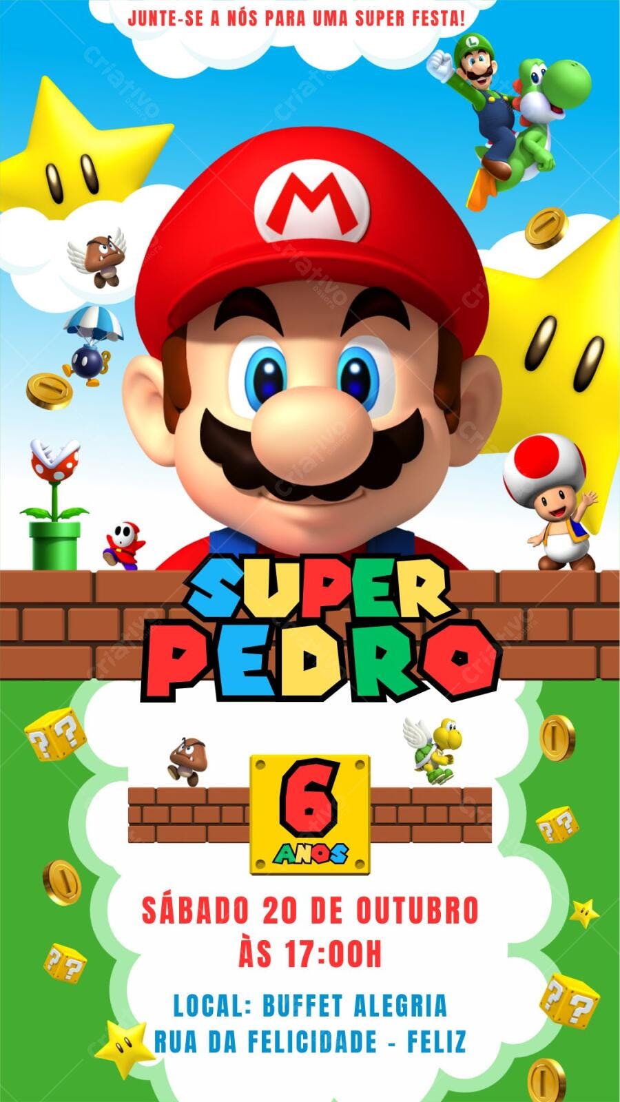 Convite Festa Infantil Super Mario Editável no Canva