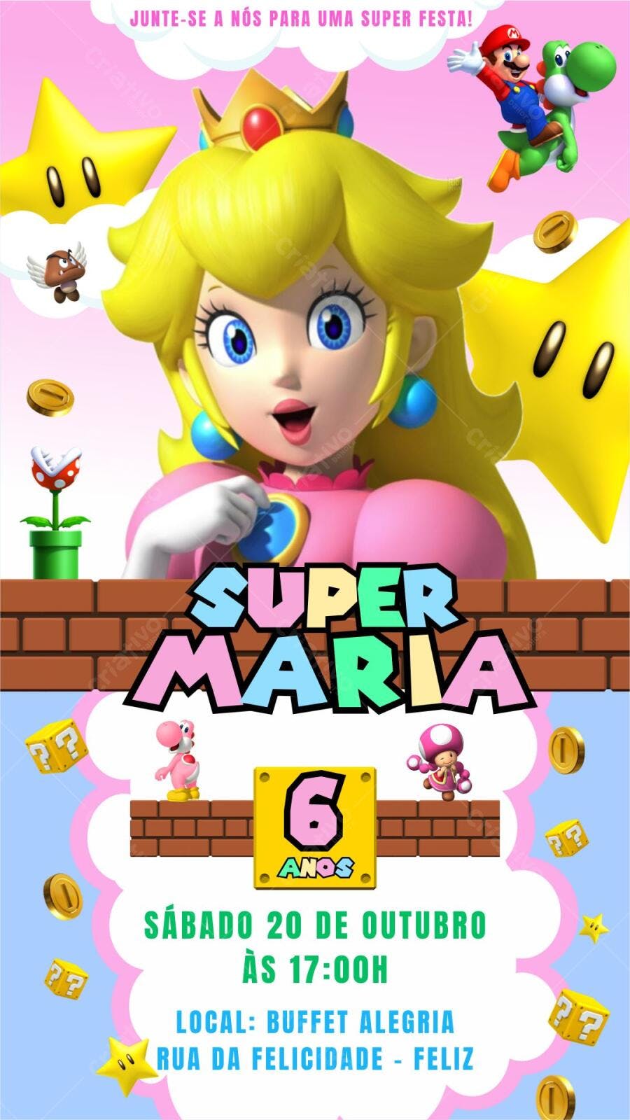 Convite de Aniversário Infantil Super Mário Princesa Peach Editável no Canva