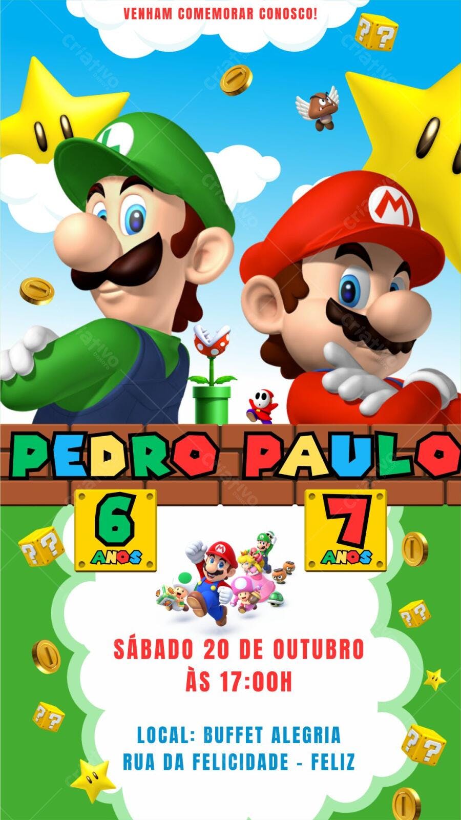 Convite Festa Infantil Super Mario Bros Editável no Canva