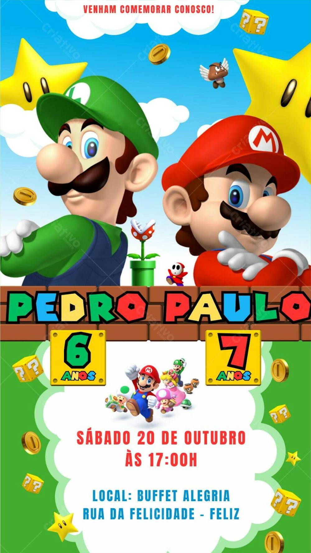 convite infantil Super Mario
