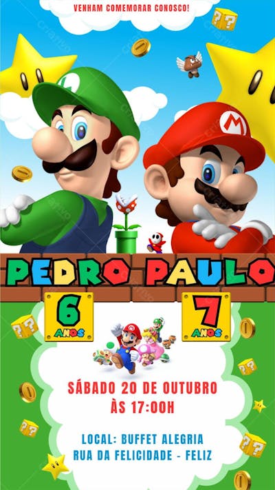 convite infantil Super Mario