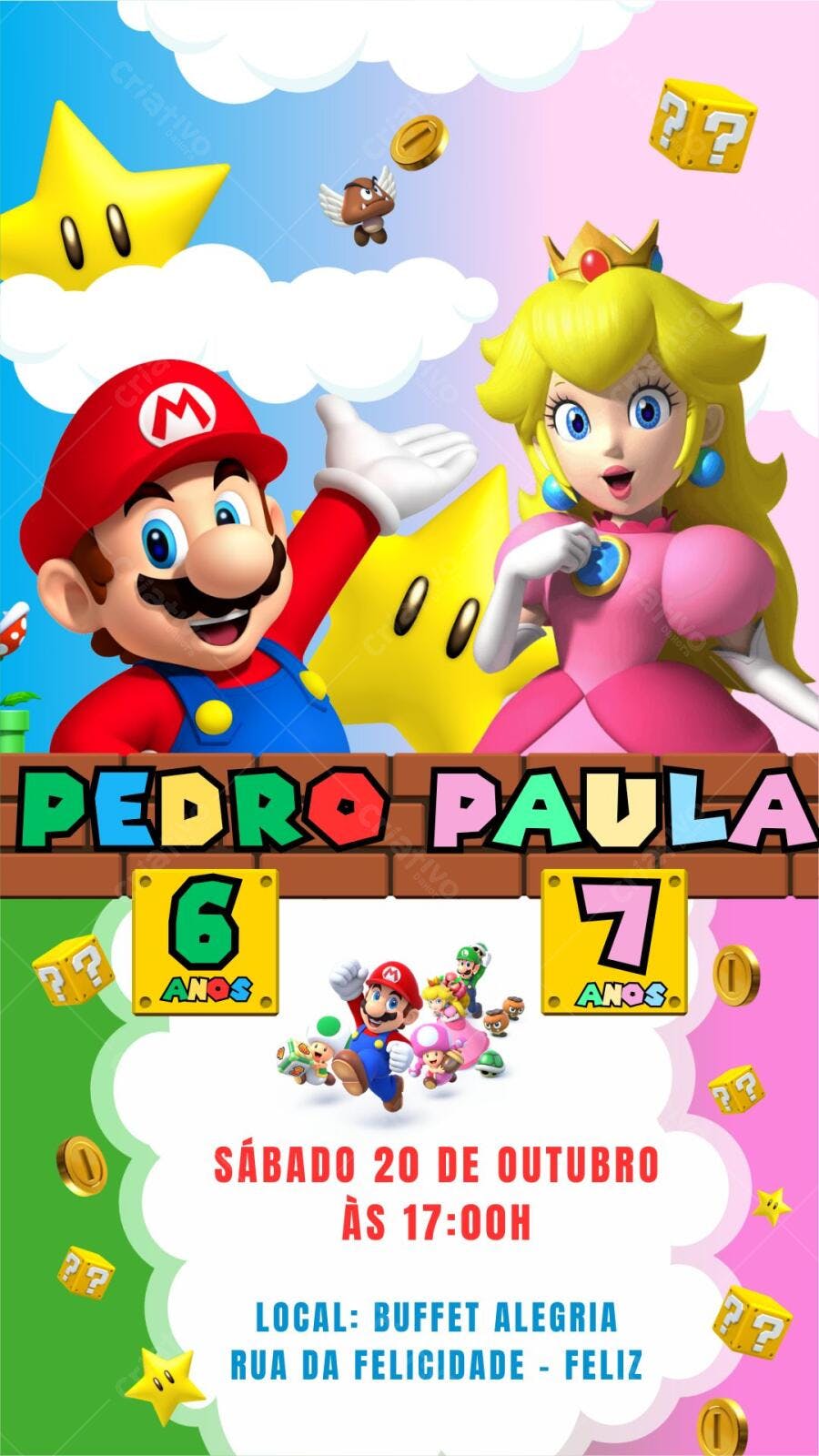 Convite Festa Infantil Mario e Peach Editável no Canva