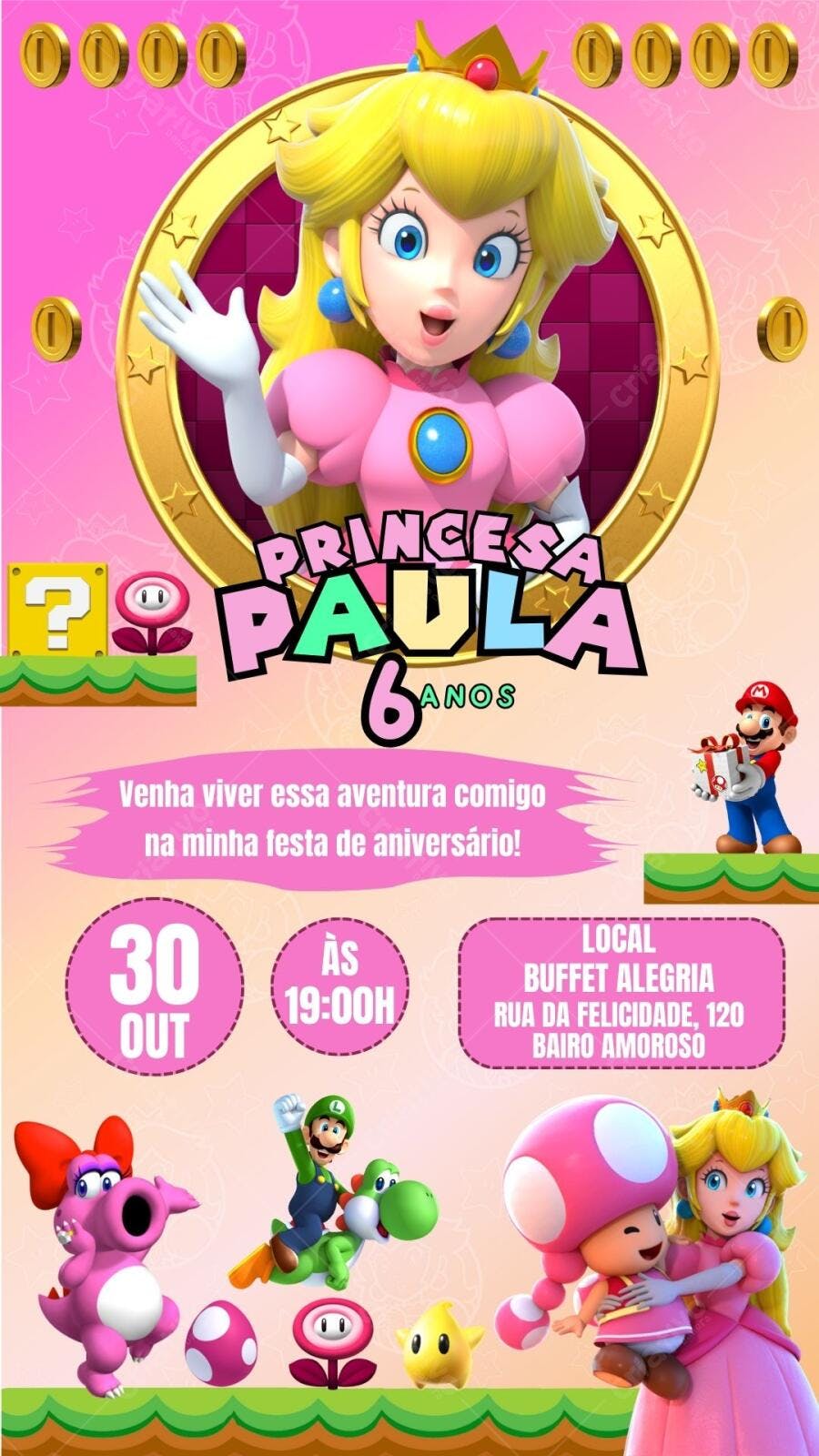 Convite de Aniversário Infantil Princesa Peach Super Mario Editável no Canva