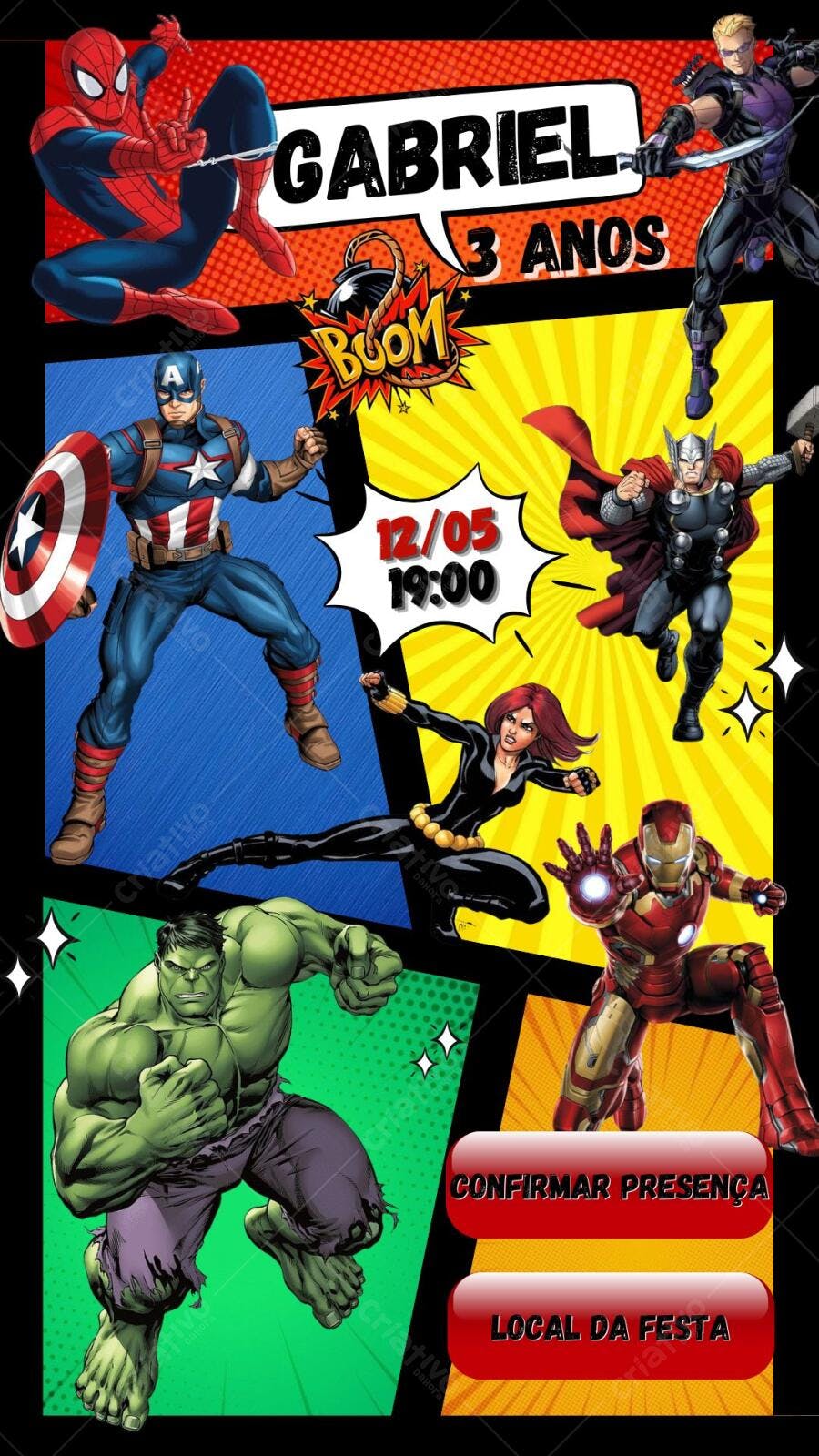 Convite de Aniversário Infantil Vingadores estilo HQ Editável no Canva