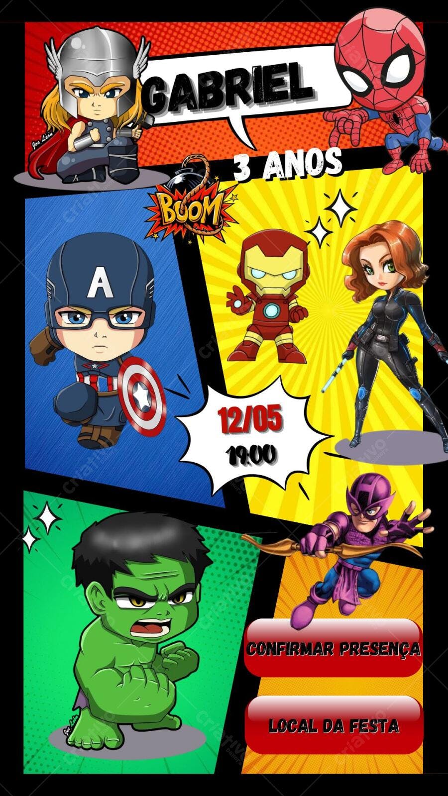 Convite de aniversário infantil Vingadores estilo quadrinhos Editável no Canva