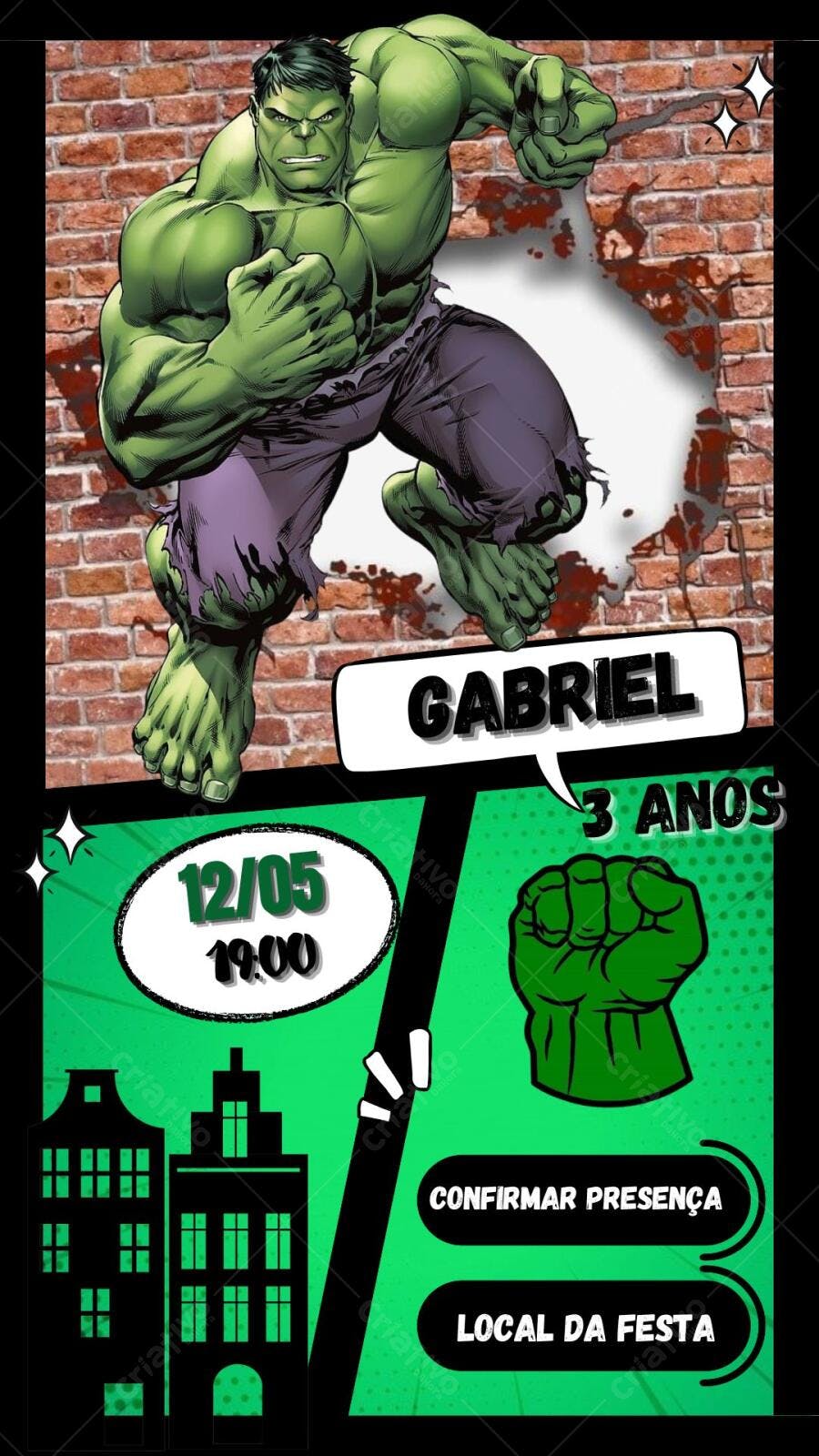 Convite de aniversário Hulk tema super-herói Editável no Canva