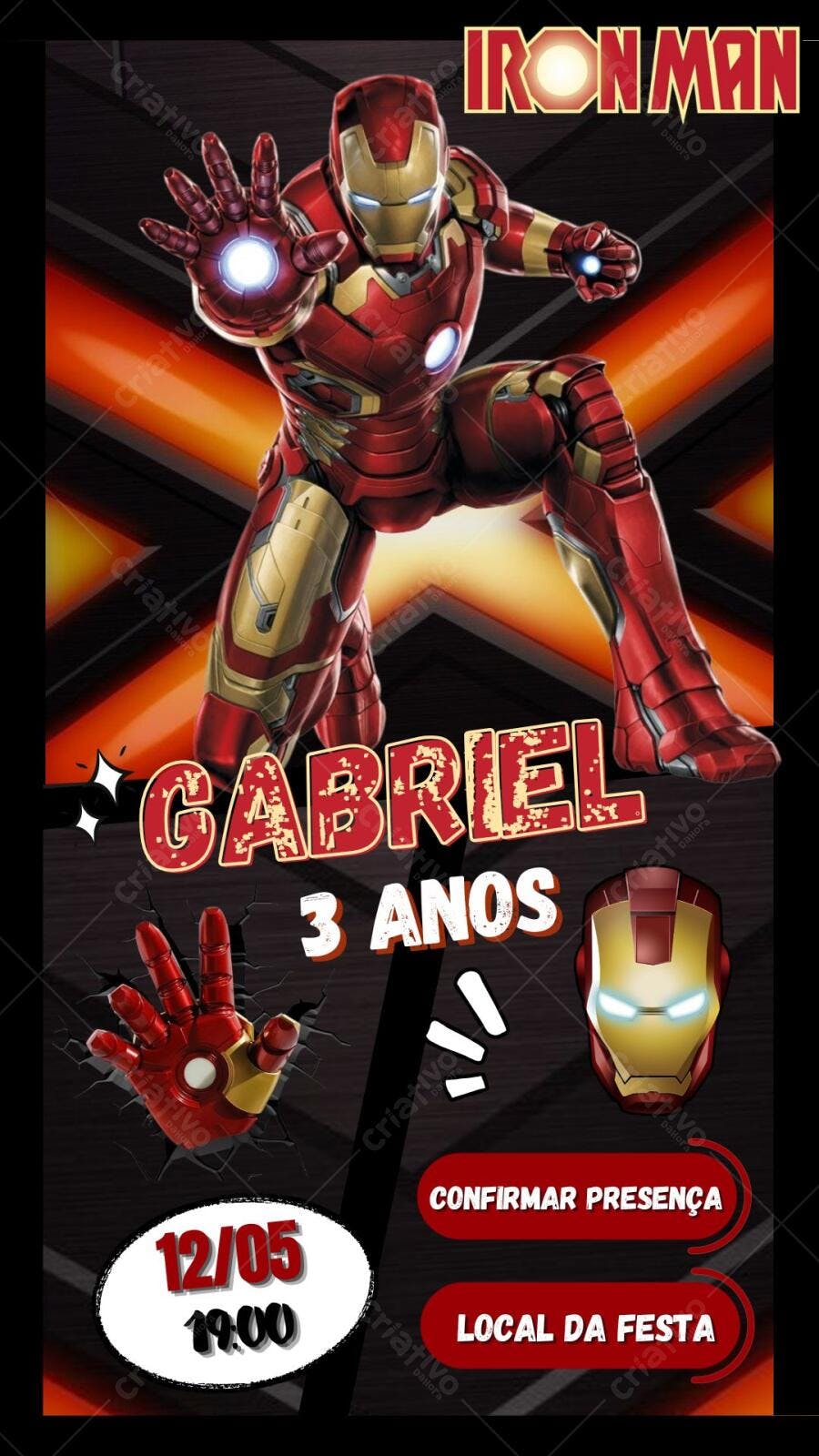 Convite de Aniversário Infantil Homem de Ferro Editável no Canva