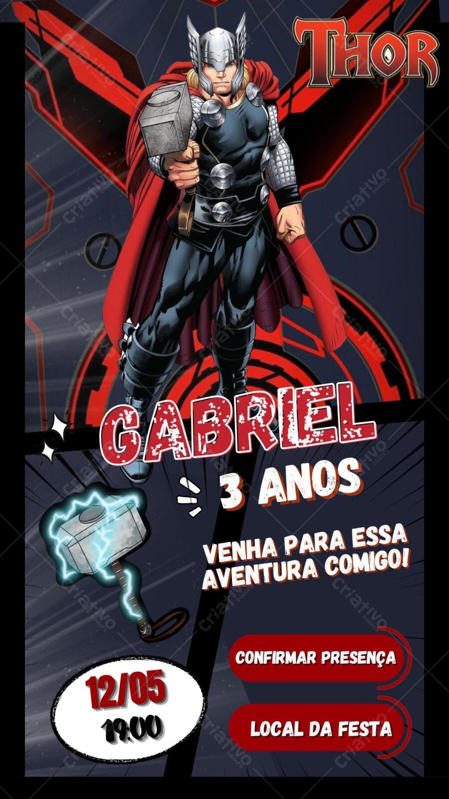 Convite de aniversário infantil Thor Marvel Editável no Canva