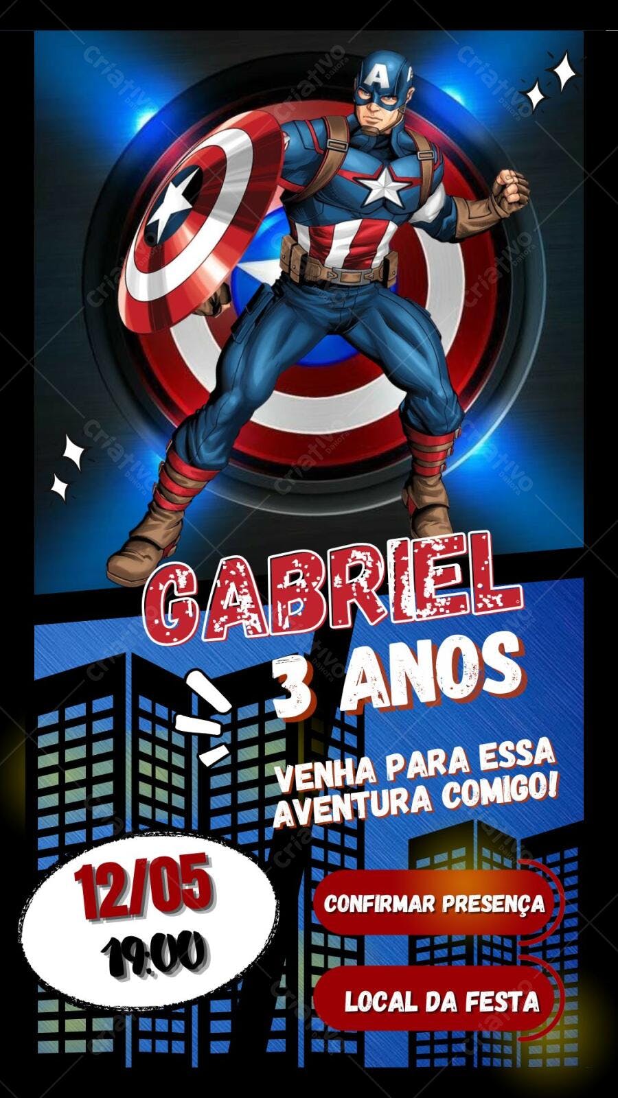 Convite de Aniversário Capitão América estilo HQ Editável no Canva