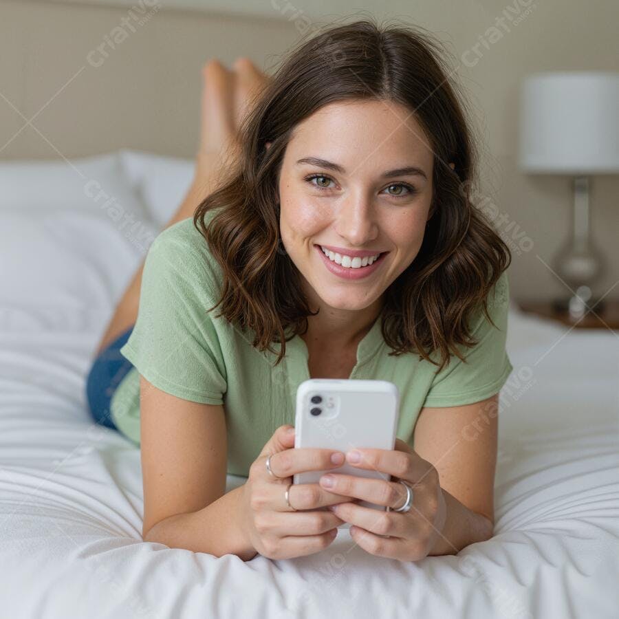 Mulher feliz usando celular na cama