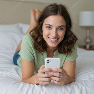 Uma jovem mulher caucasiana em uma cama branca olhando para a câmera com um sorriso