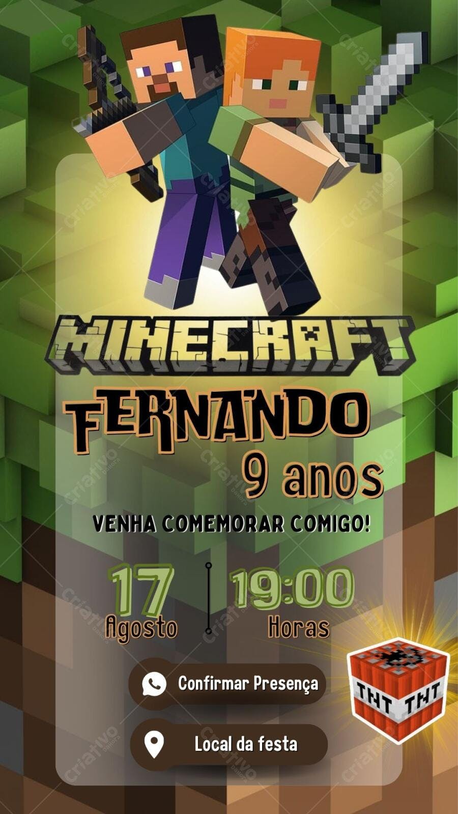 Convite Festa Infantil Minecraft Editável no Canva
