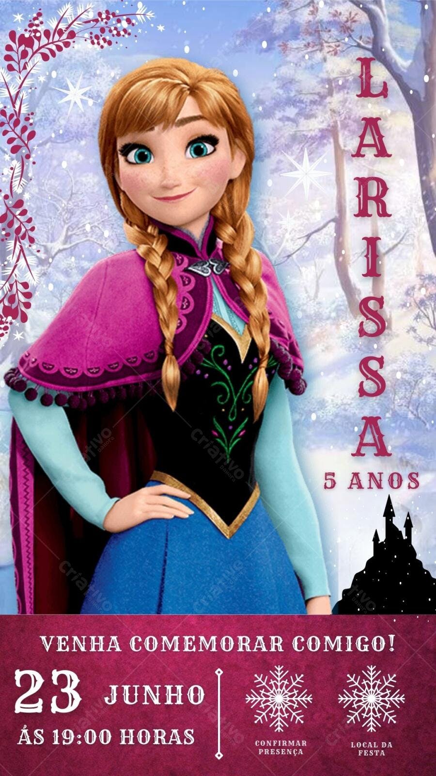 Convite de Aniversário Infantil Frozen Editável no Canva