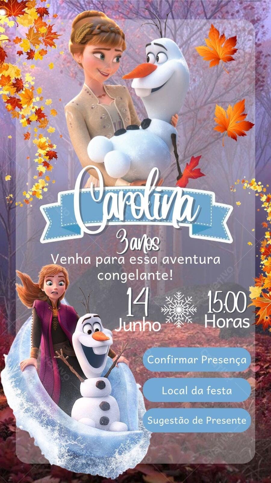 Convite de Aniversário Frozen com Olaf e Anna Editável no Canva