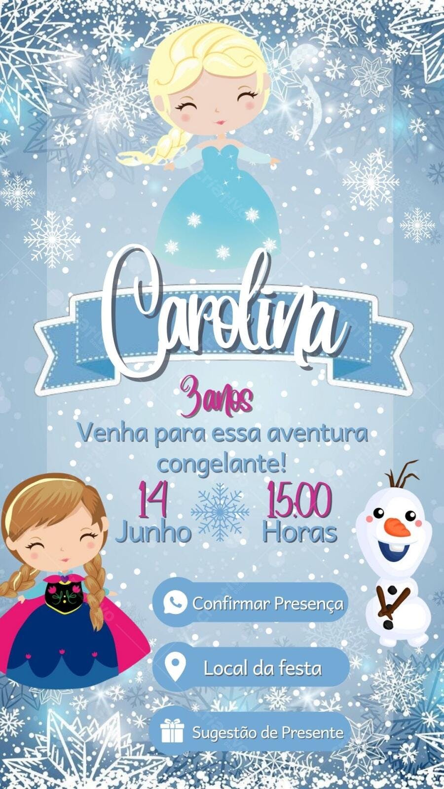 Convite de Aniversário Frozen com Elsa e Olaf Editável no Canva