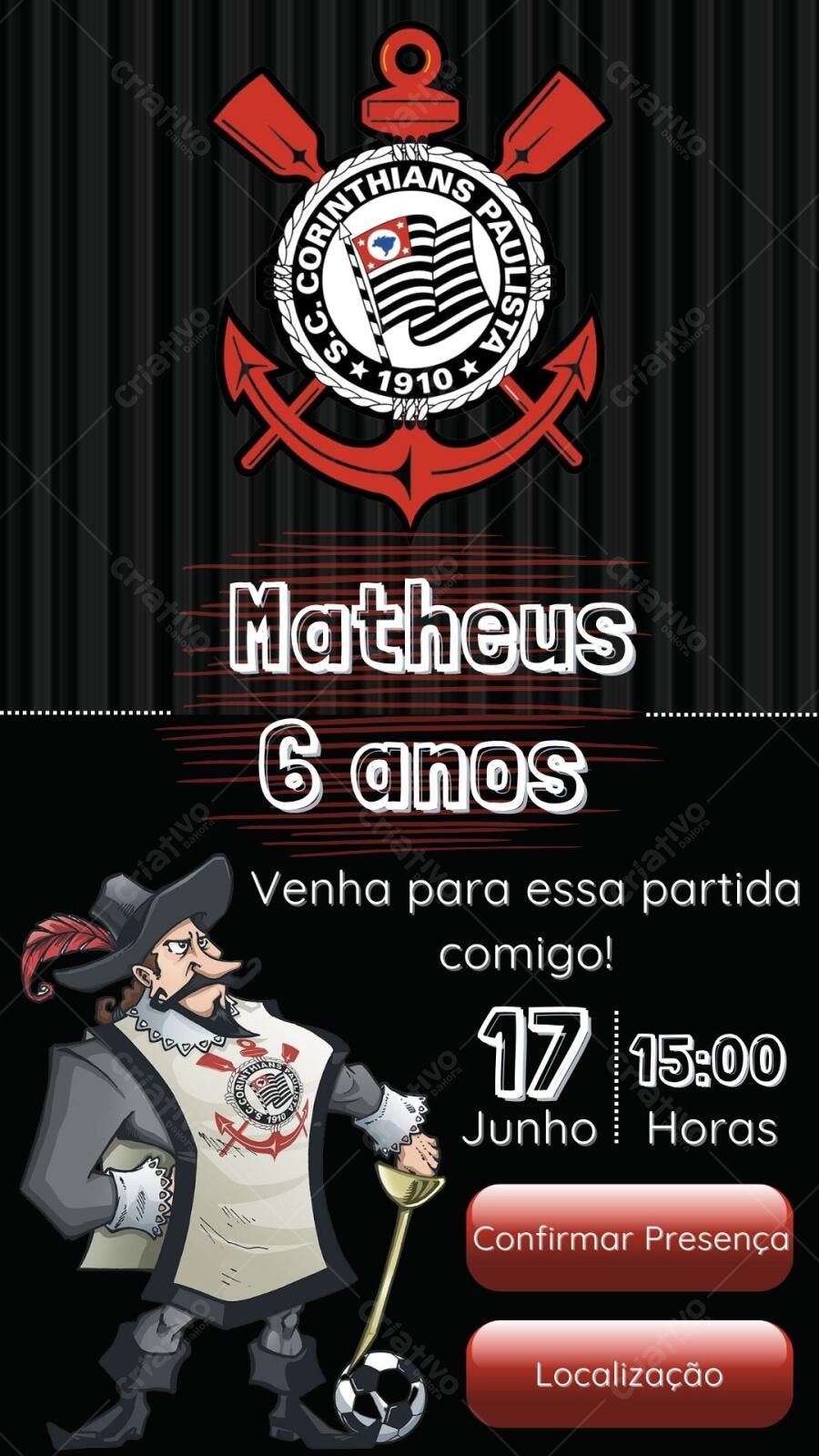 Convite de Aniversário Corinthians 6 anos Editável no Canva