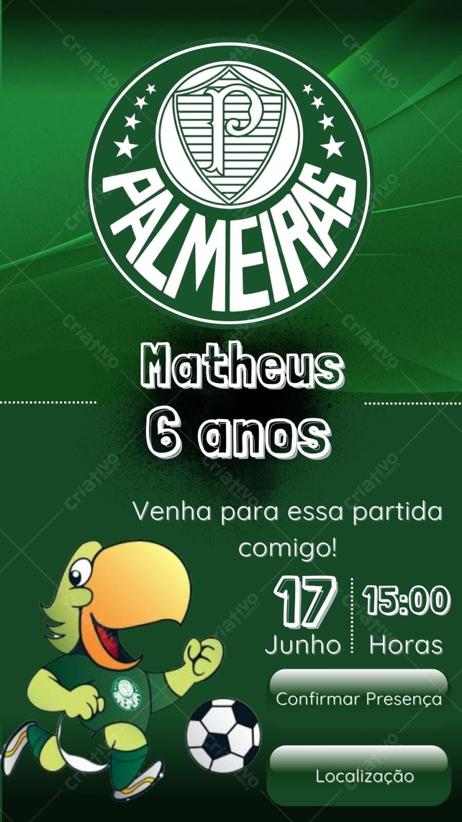 Convite Festa Infantil Palmeiras com Periquito Editável no Canva
