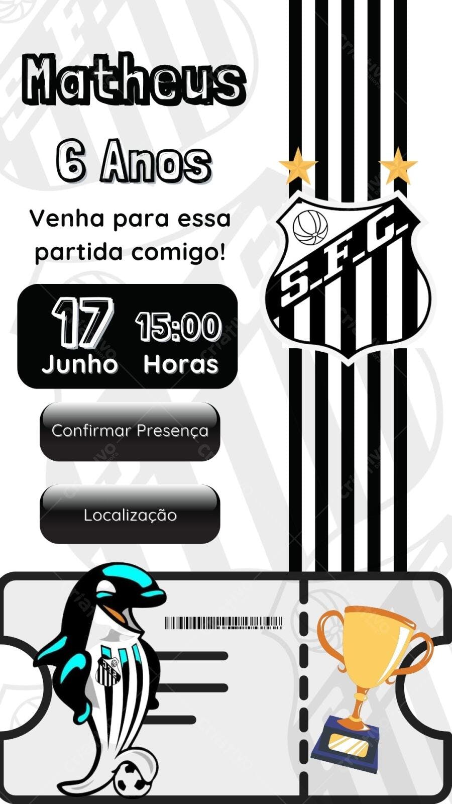 Convite Festa Infantil tema Futebol S.F.C Editável no Canva