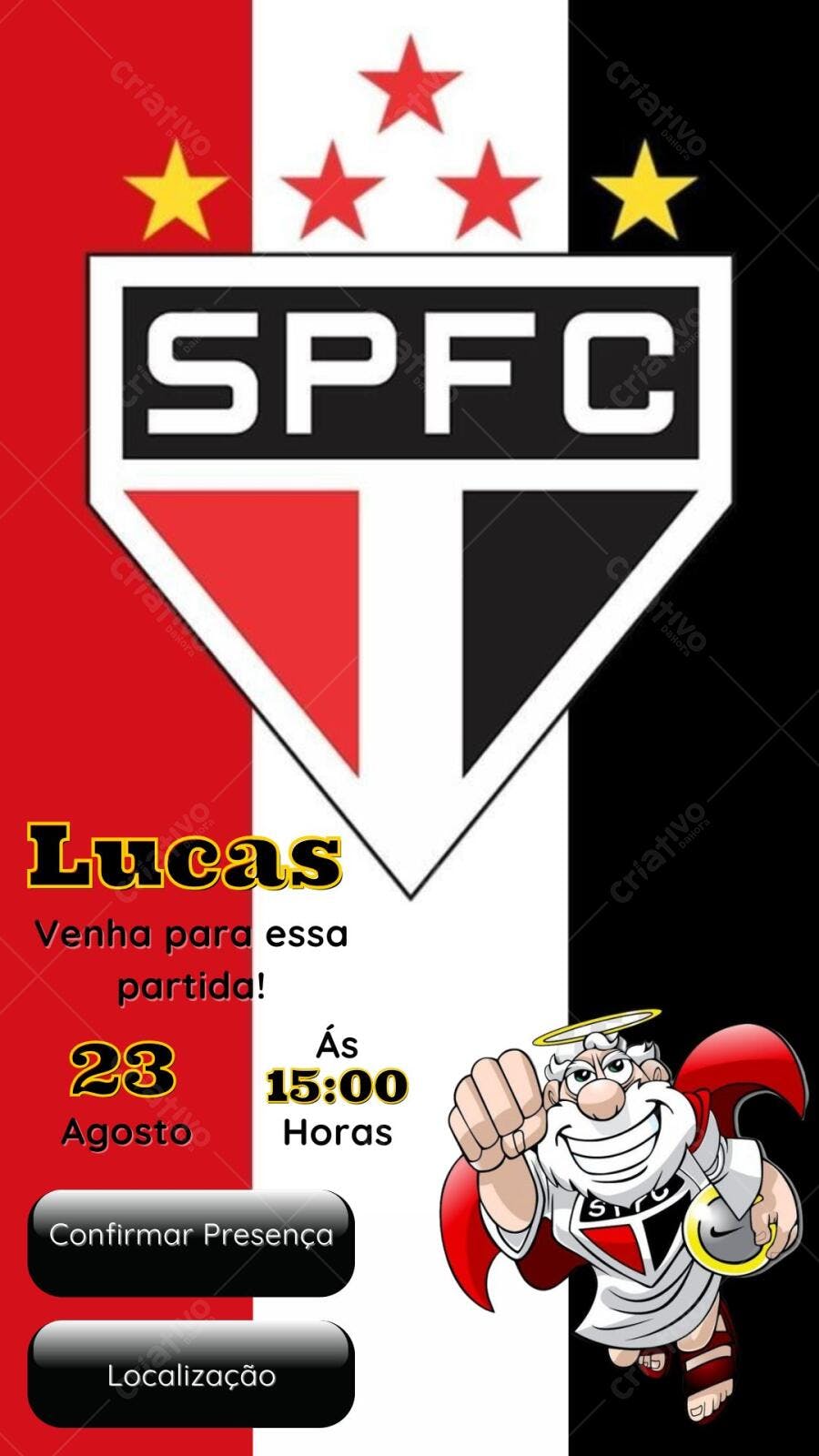 Convite Festa Esporte SPFC Vermelho e Preto Editável no Canva