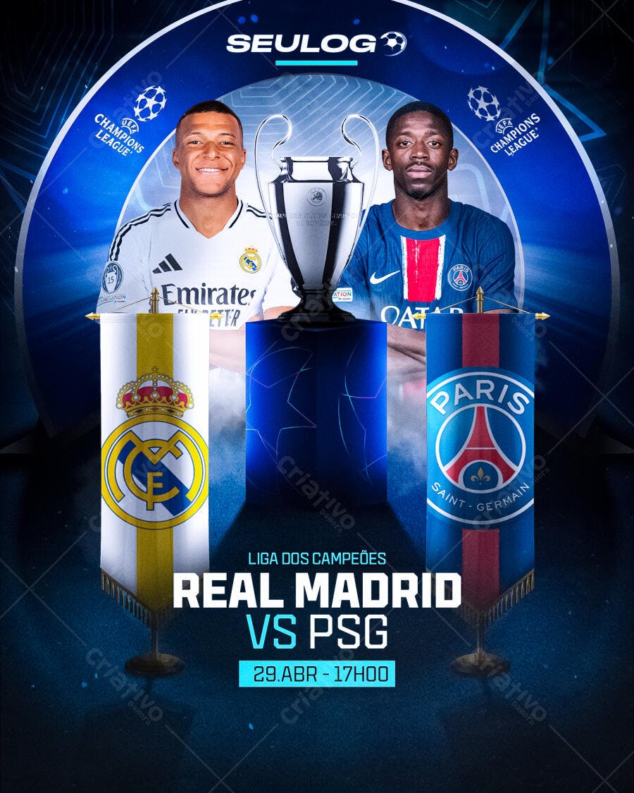 Flyer Liga dos Campeões Real Madrid x PSG PSD Editável