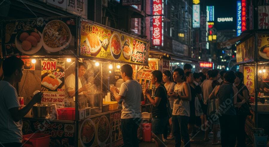Comida de rua noturna em Tóquio