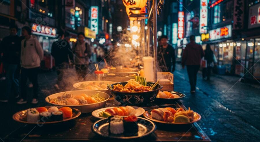 Sushi e pratos asiáticos em rua noturna
