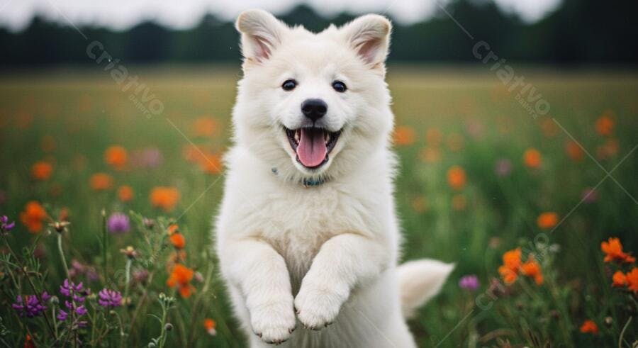 Cachorro branco brincando em campo florido