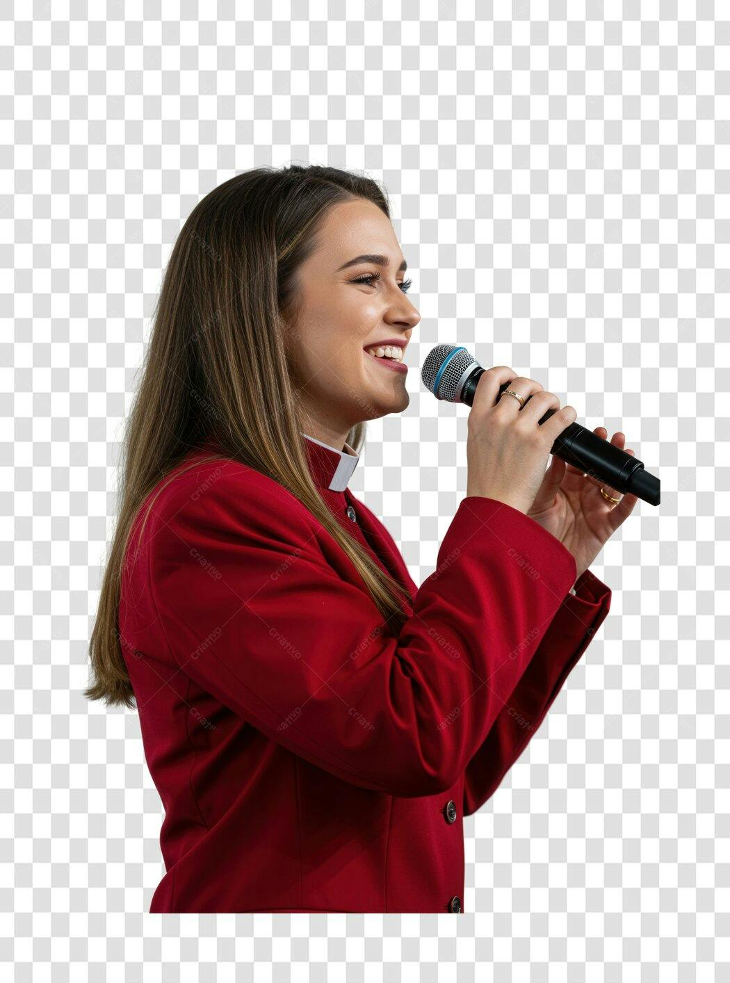 Imagem PNG mulher cantando com microfone fundo transparente