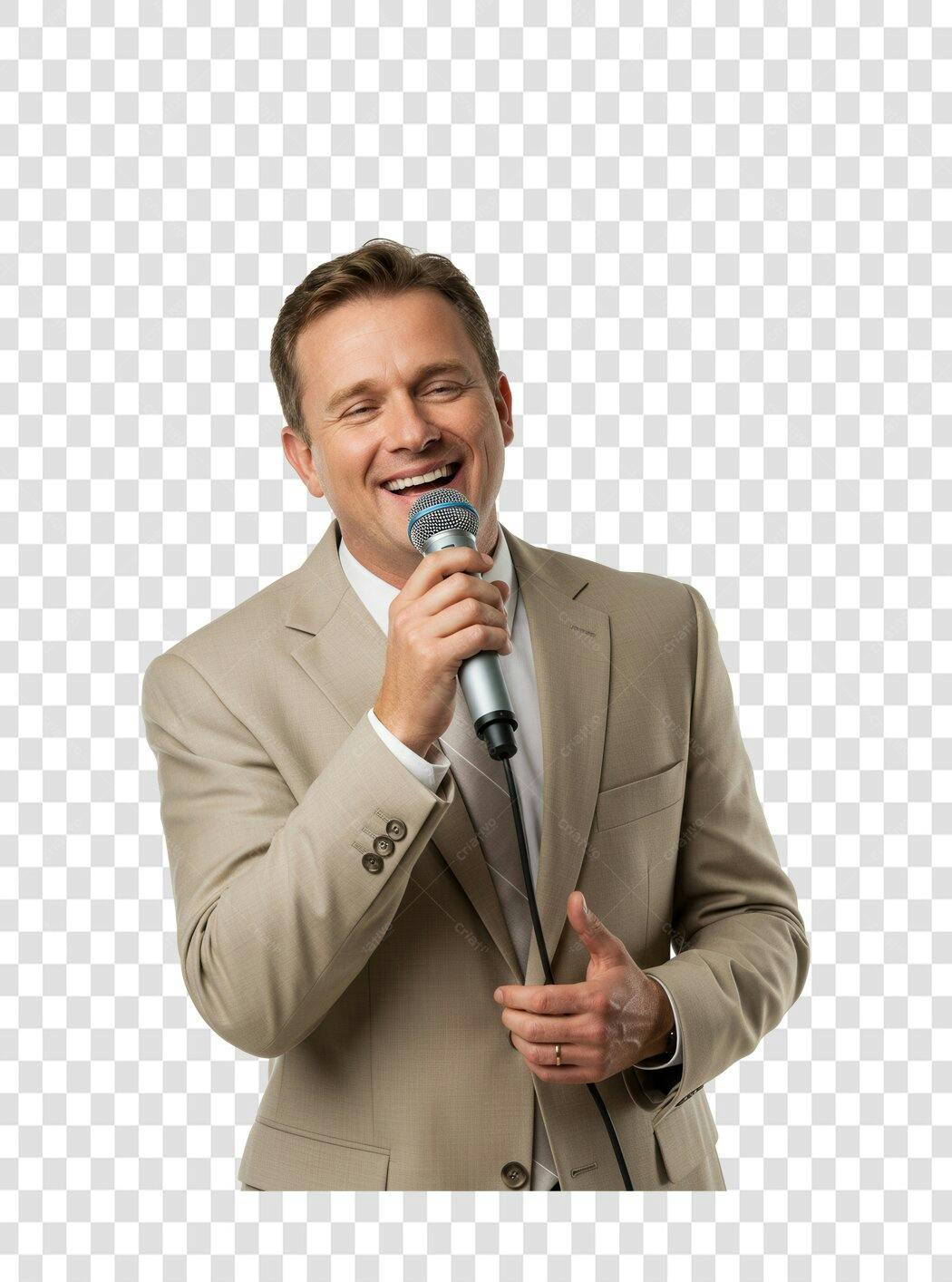 Imagem PNG homem de terno cantando ao microfone fundo transparente