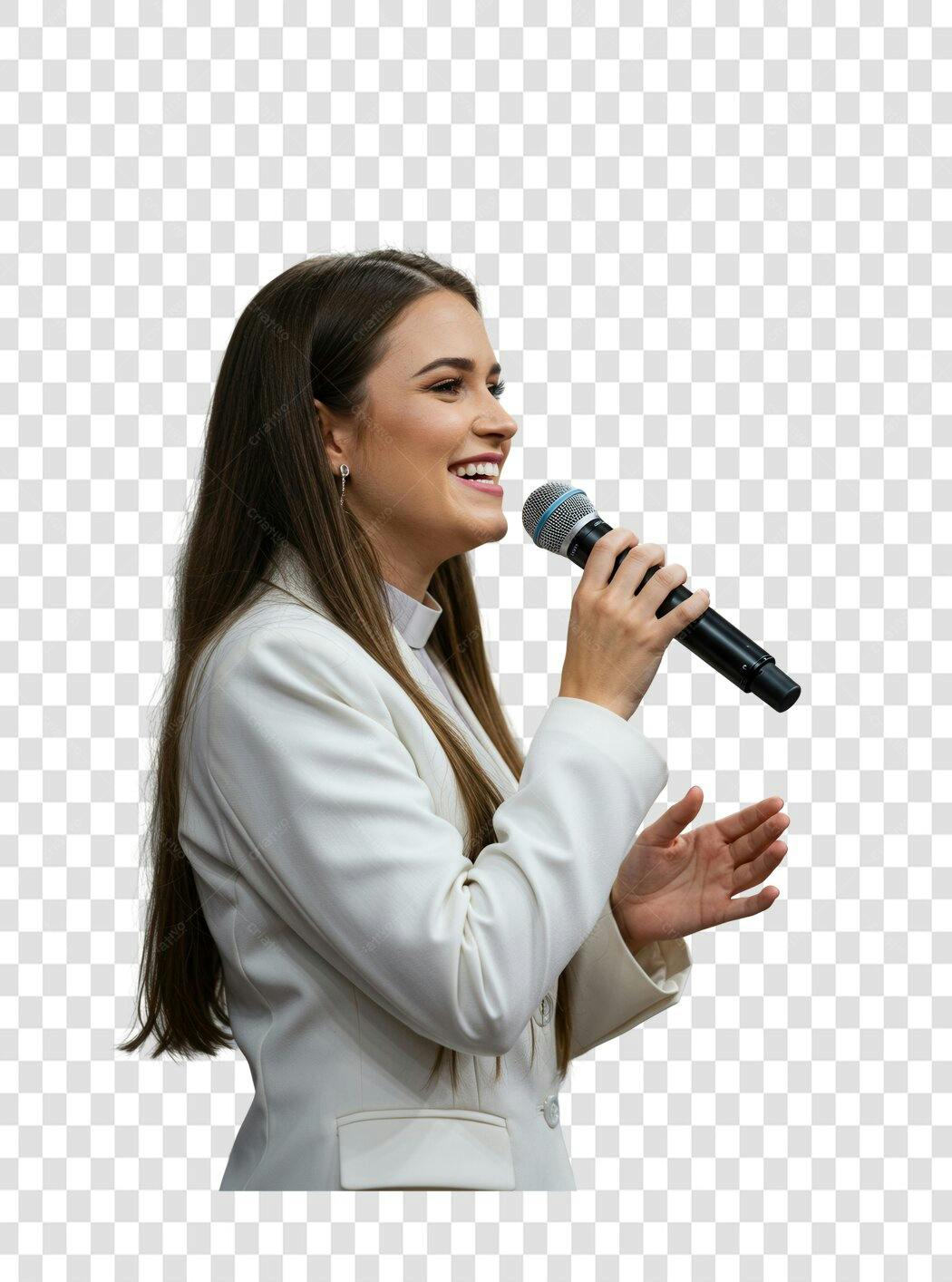 Imagem PNG Mulher falando ao microfone fundo transparente