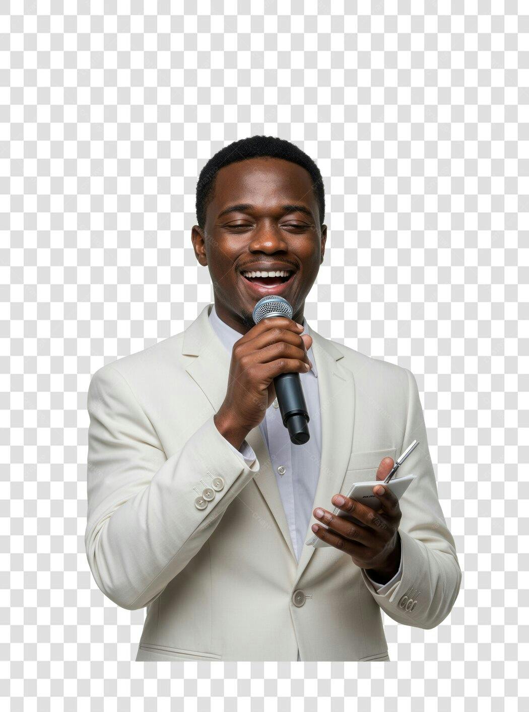 Imagem PNG Homem Afrodescendente falando ao microfone com fundo transparente