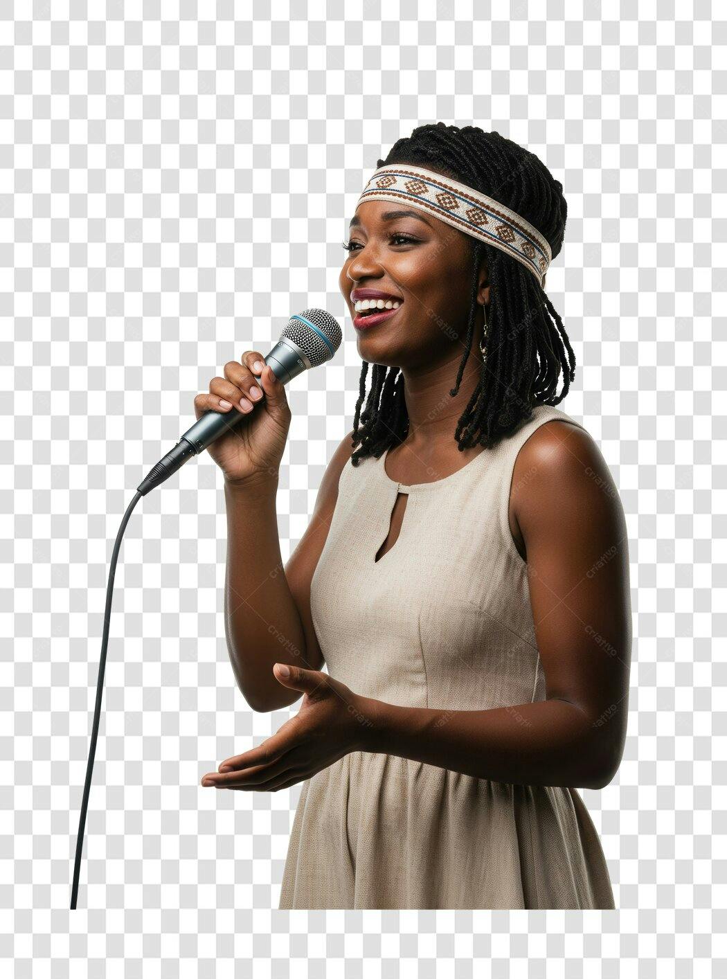 PNG Cantora Afrodescendente com Microfone fundo transparente