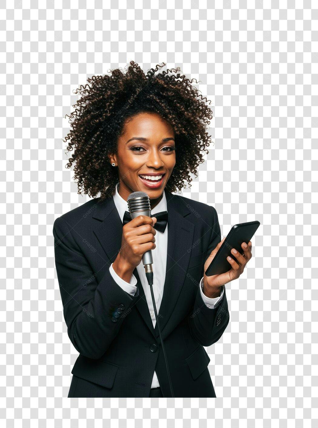 Imagem PNG Apresentadora com microfone e celular fundo transparente