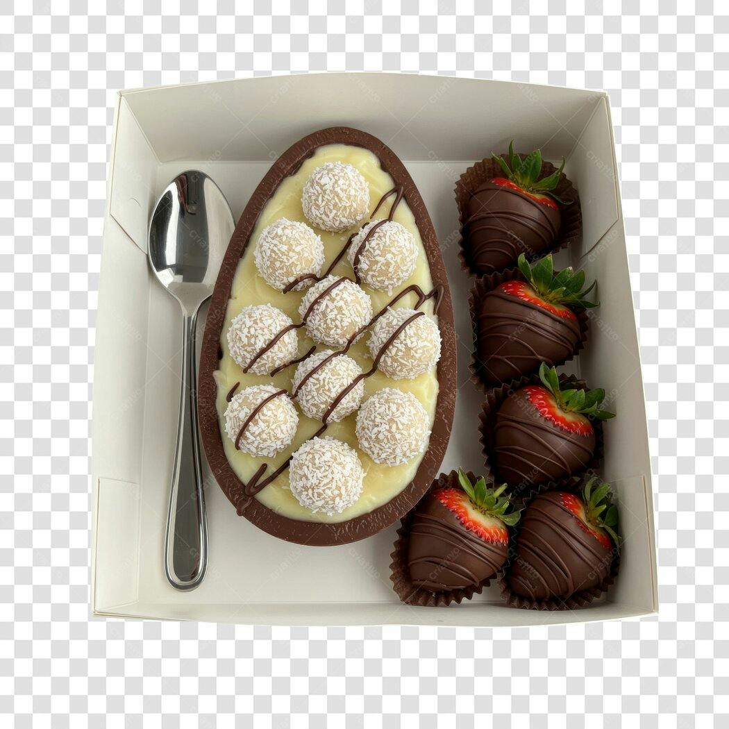 Banner Páscoa Ovo de Chocolate e Morangos PNG com fundo transparente
