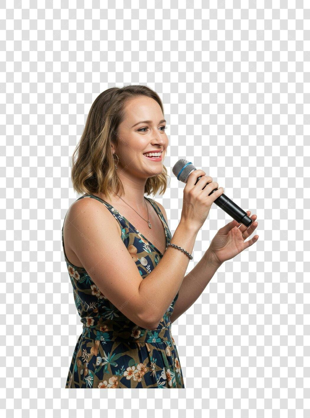 PNG Imagem Mulher Cantando com Microfone Fundo Transparente