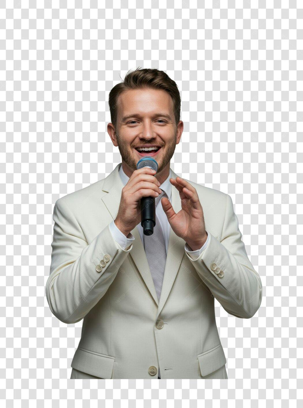 Imagem PNG Homem de terno falando ao microfone fundo transparente