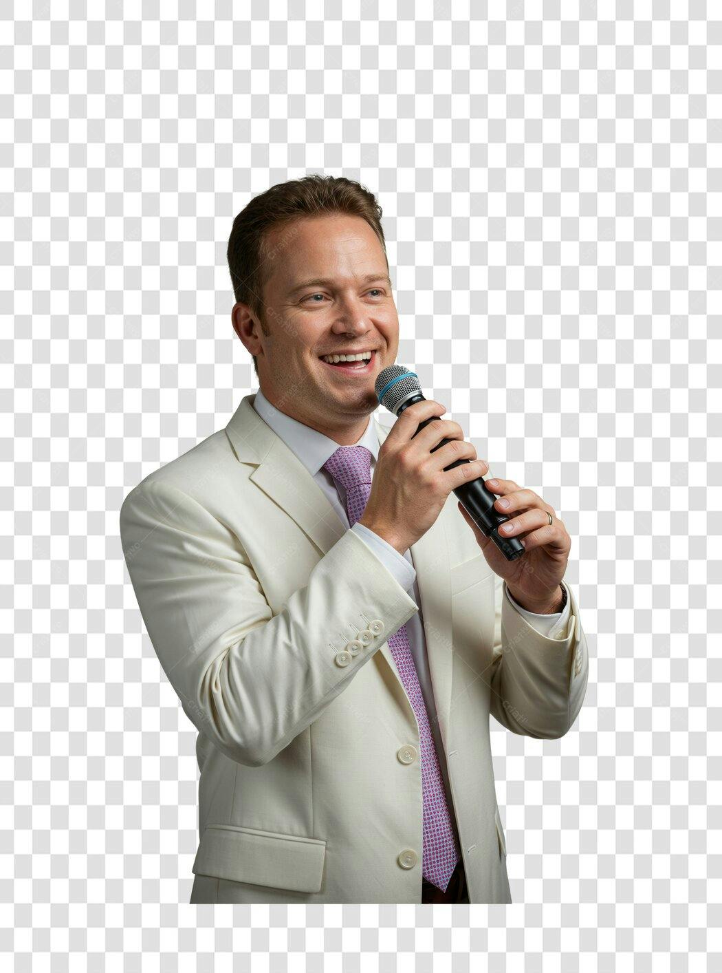 Imagem PNG homem de terno branco falando ao microfone fundo transparente
