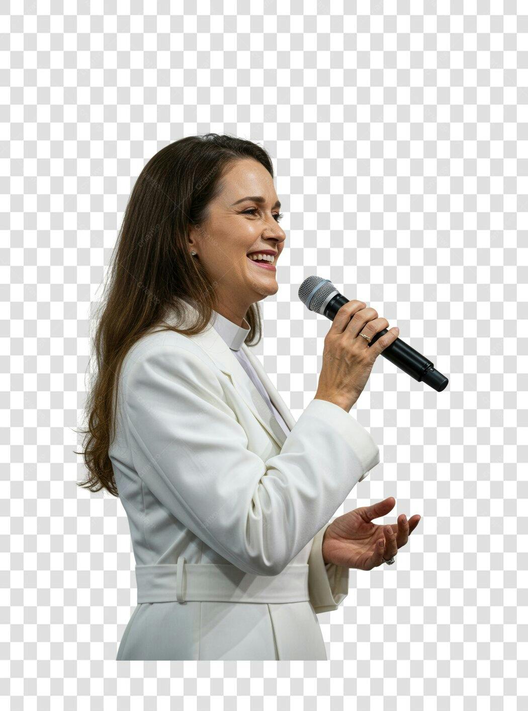 Imagem PNG Mulher falando ao microfone fundo transparente