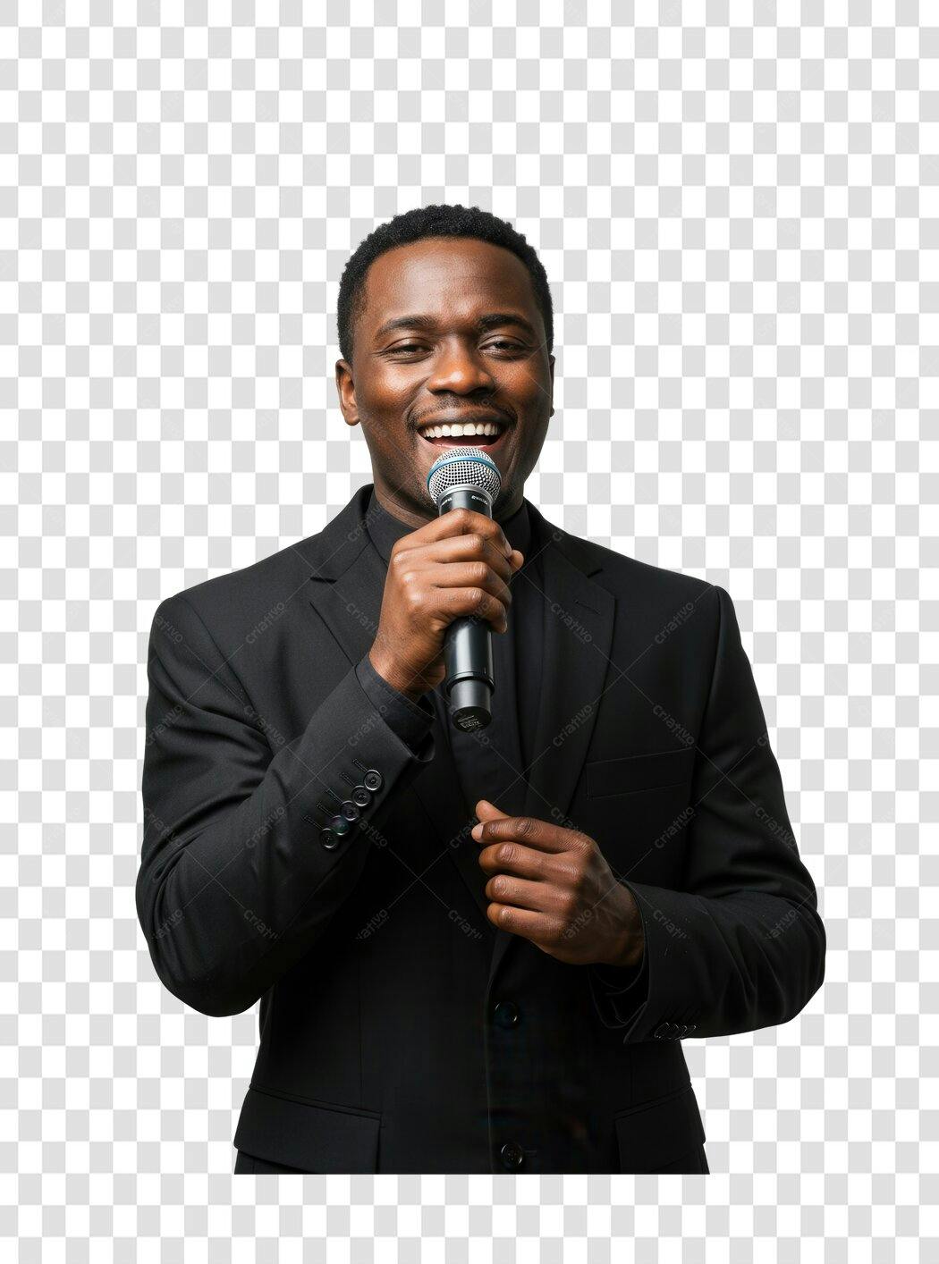 Imagem PNG homem negro falando ao microfone com fundo transparente