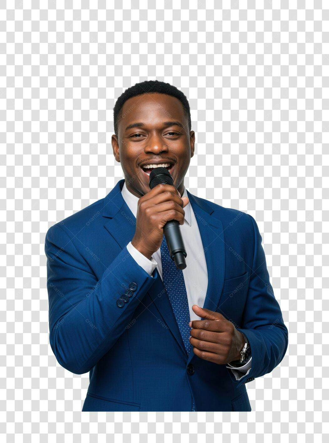 Imagem PNG homem afrodescendente falando ao microfone fundo transparente
