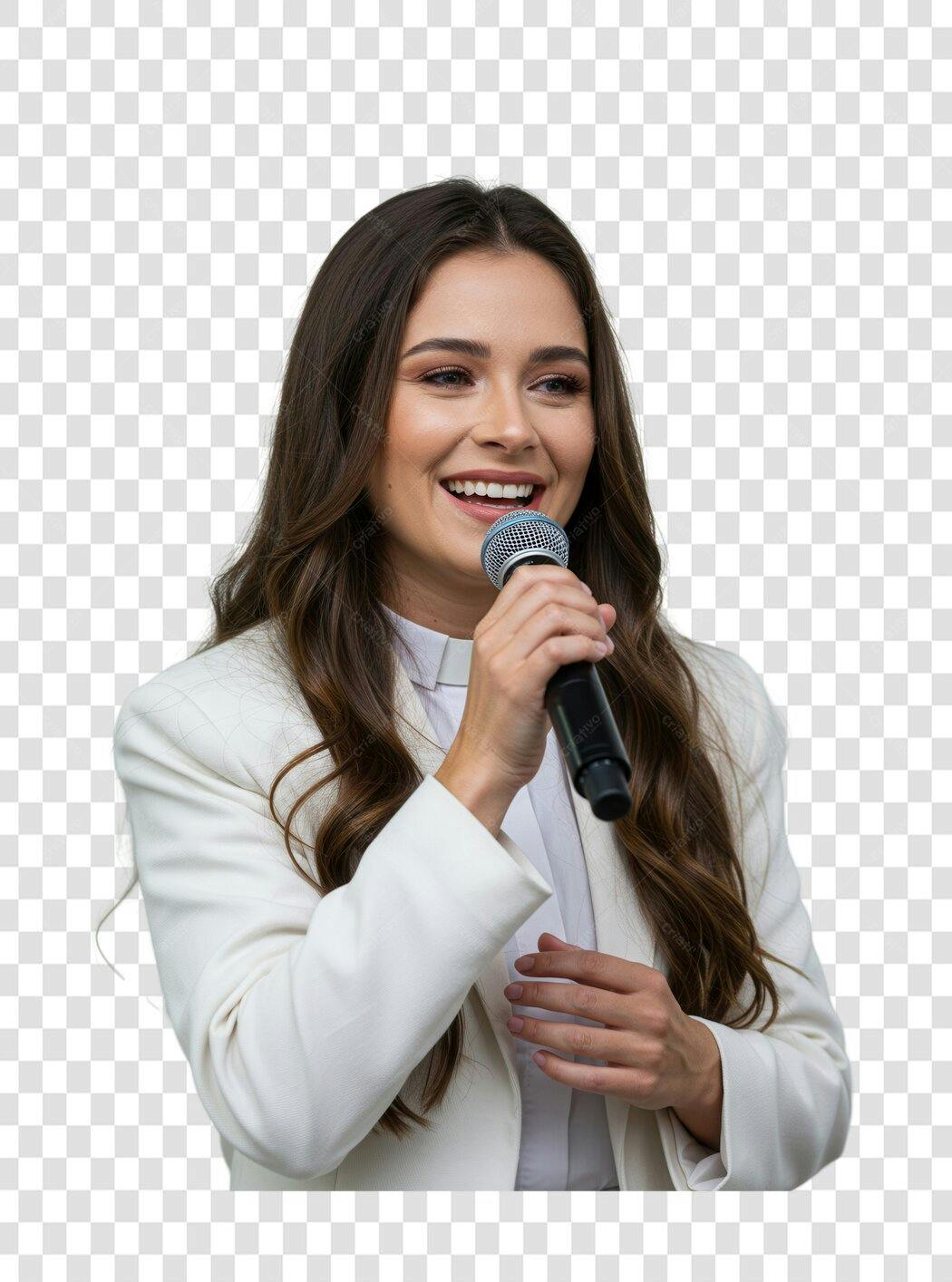 Imagem PNG mulher falando em microfone fundo transparente