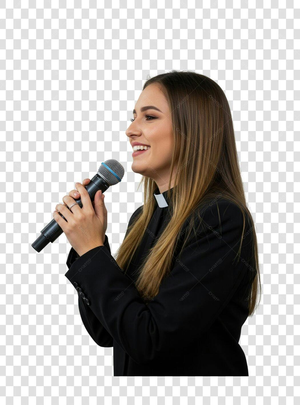 Imagem PNG mulher cantando com microfone fundo transparente