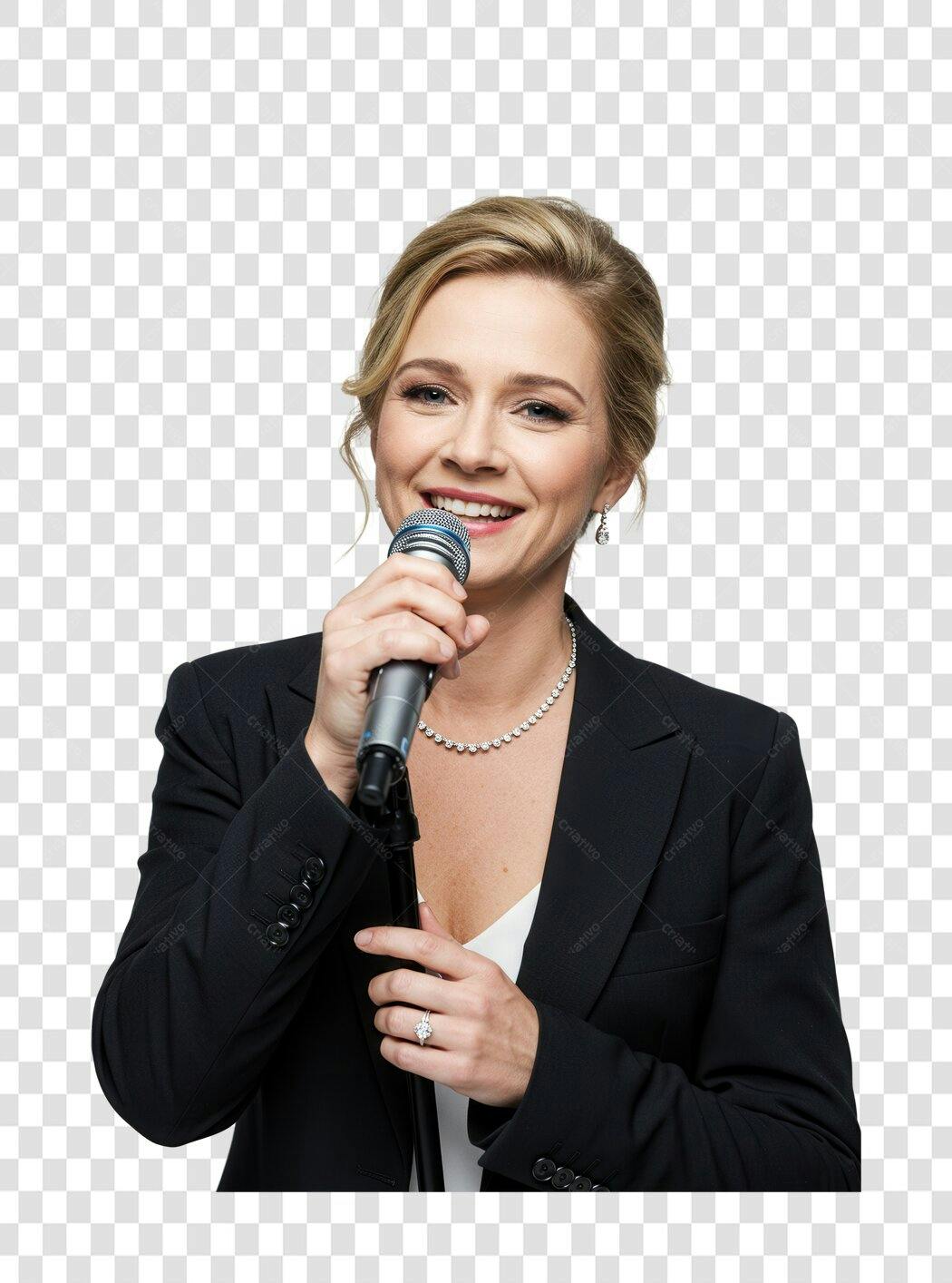 Imagem PNG Mulher falando ao microfone fundo transparente