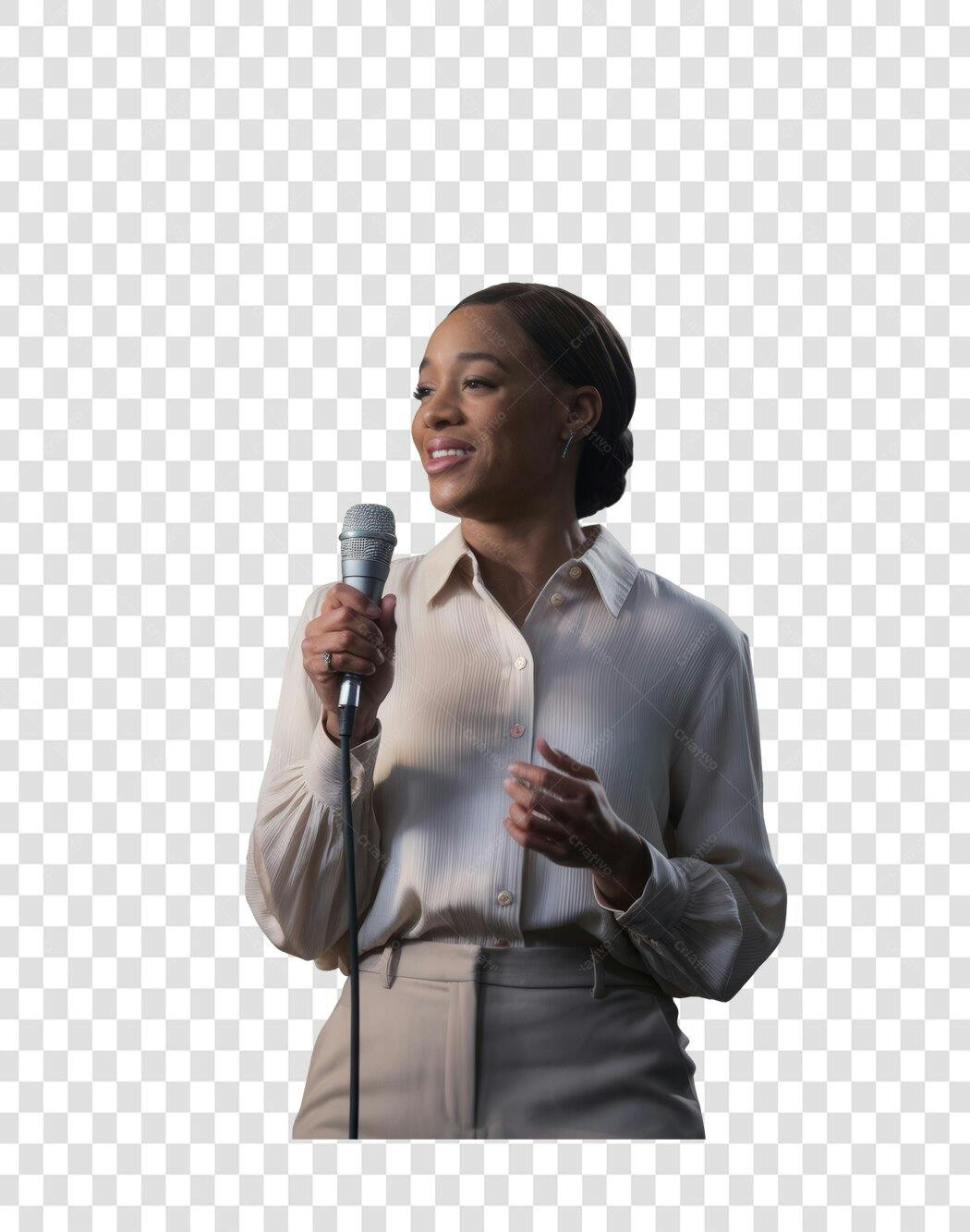 PNG Imagem Mulher Negra palestrando com microfone fundo transparente