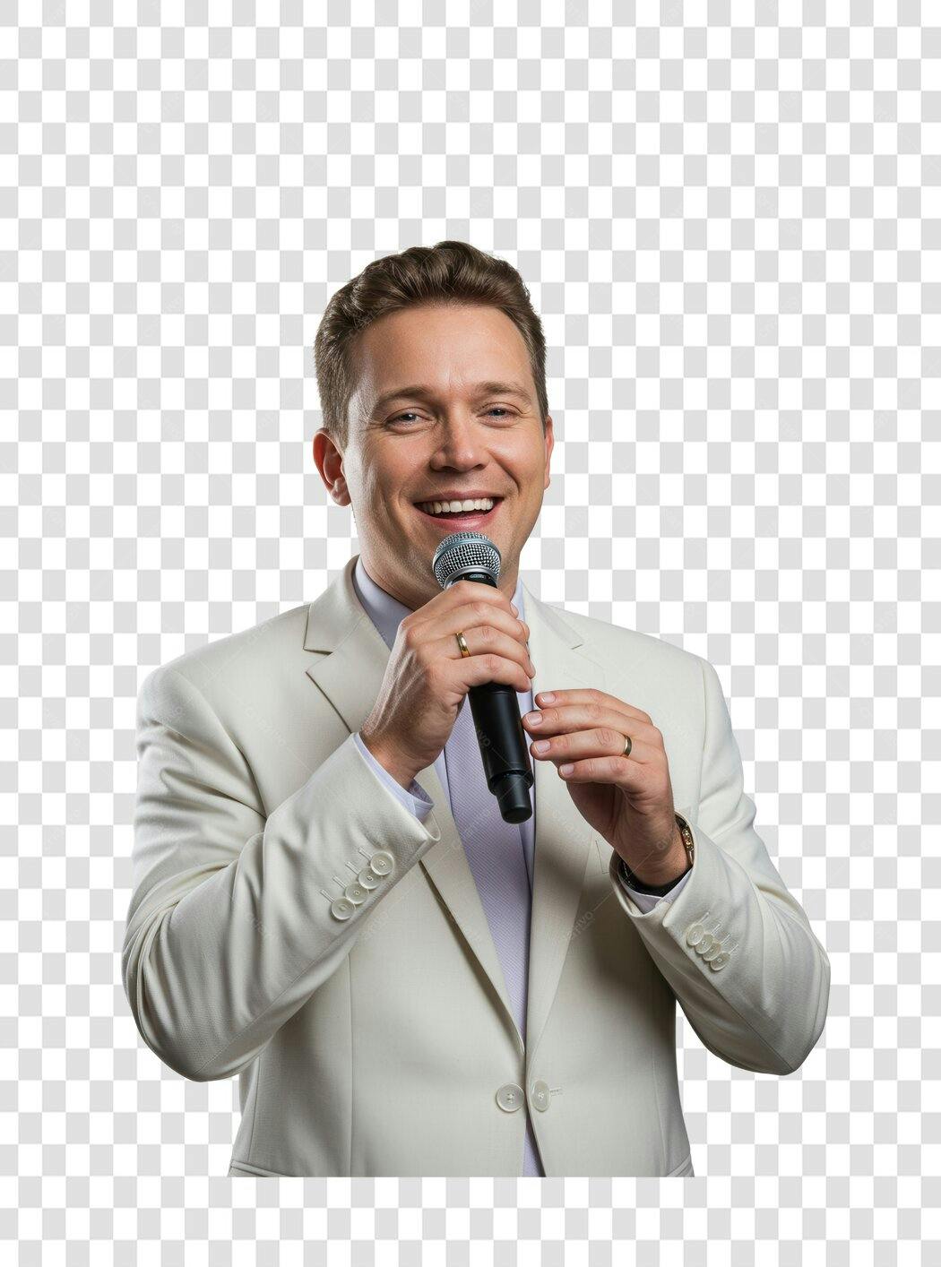 Imagem PNG homem de terno branco falando ao microfone fundo transparente