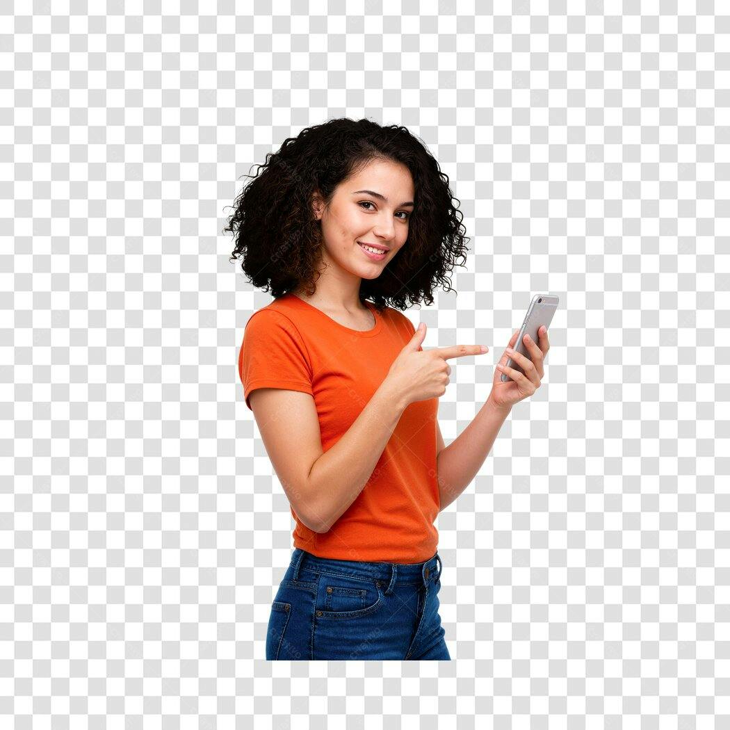 Post Instagram mulher jovem celular PNG com fundo transparente