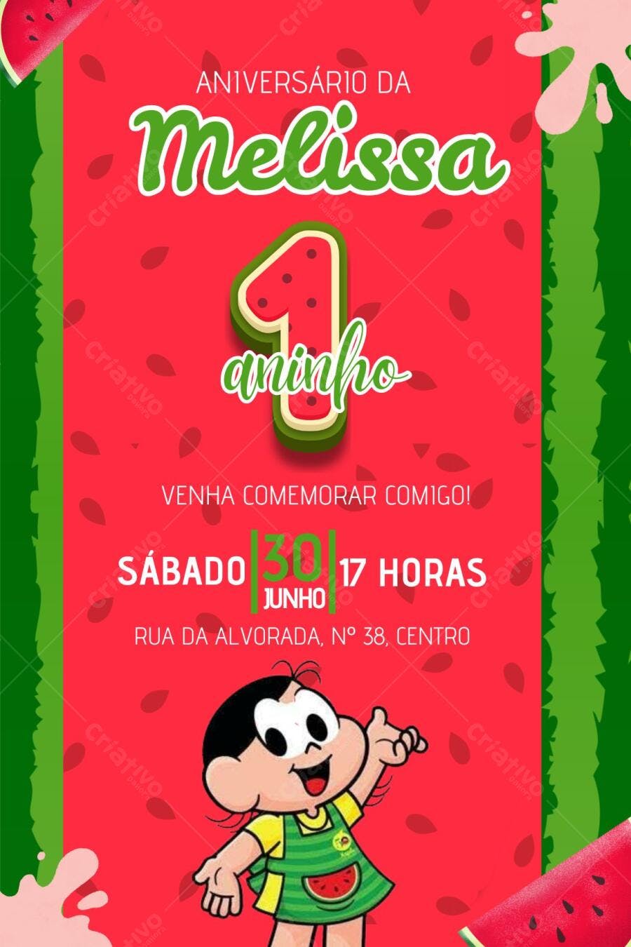 Convite de 1º aniversário tema melancia e Magali Editável no Canva
