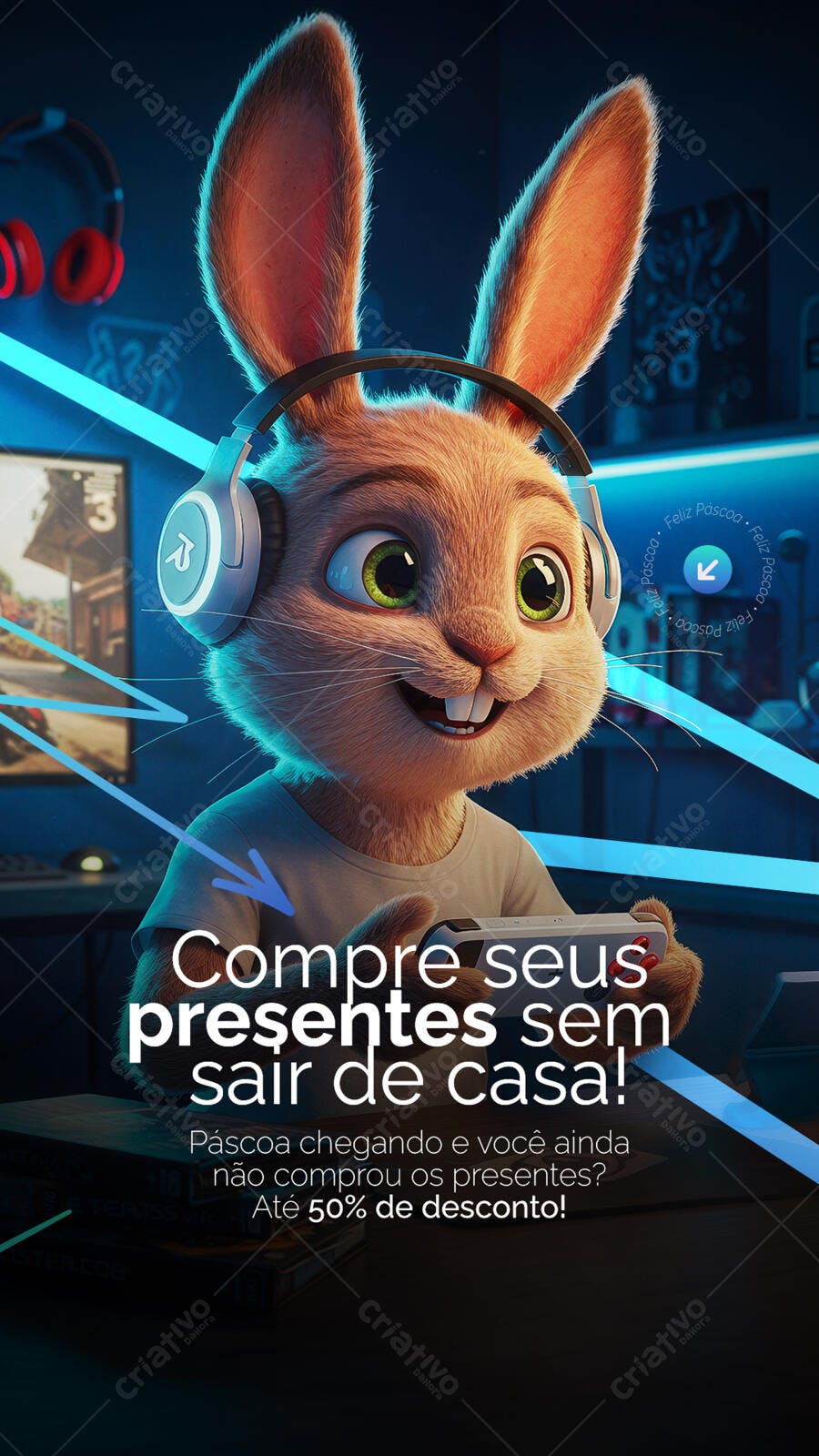 Flyer Páscoa com Coelho Gamer PSD Editável